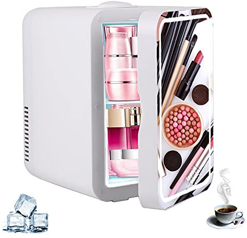 Mini Kühlschrank Tragbarer 8L Kosmetik Kühlschrank mit LED Make Up Spiegel, 2 in 1 Auto Kühlschrank mit Kühl/Heizfunktion für Reisen, Auto, Büround Schlafzimmer