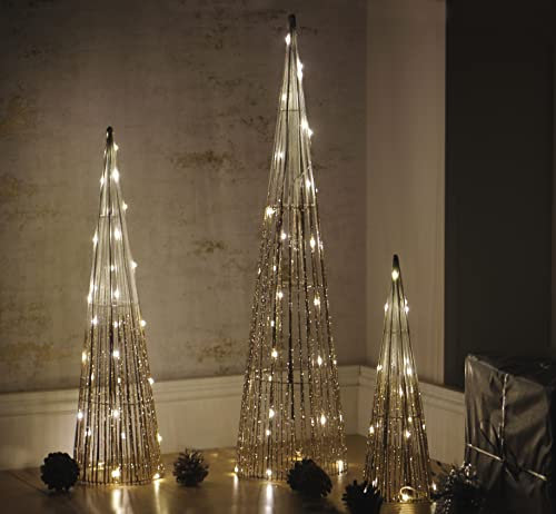 Marco Paul – Lot de 3 sapins de Noël en forme de cône lumineux doré à DEL – Décorations de Noël festives pré-éclairées – Décoration d'intérieur en forme de pyramide en métal – Décoration d'intérieur