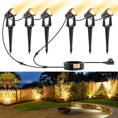 APONUO Éclairage de Jardin à LED, Lumières Extérieures Alimentées par Secteur 23m 12V, Projecteurs Basse Tension, IP67 Étanche pour les Pelouses d'arbres de Jardin (Blanc Chaud, Paquet de 6)