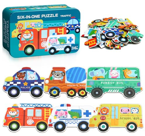 BBLIKE Puzzle 3 Años Juguetes Educativos Montessori, Puzzle Infantil 6 en 1 con Caja de Almacenamiento, Regalo para Niños 1-5 Años Conocer Animales y Automóviles, Juegos Didácticos Preescolar (Bus)