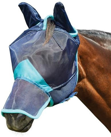 Weatherbeeta - Flugmask för hästar med öron och näsa COMFITEC Deluxe, Marinblå/ljus turkos, Petit poney