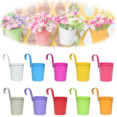 WKLSSRH 10 Stück Metall Blumentöpfe zum Aufhängen Balkonkasten Metall Runder Eimer Bunt Blumenkasten Pflanztopf zum Aufhängen Geländerkasten Hanging Flower Pot für Innen Außen 10 Farben