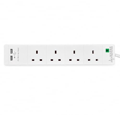 STATUS Multi Plug Extension | 4 Socket Extension Cable with 2 USB Charging Ports | 13A Surge Protected | White 2m Extension Lead | S4W2M2XUSBS12