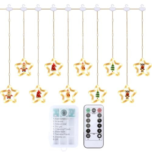 LED Lichtervorhang Warmweiße, 50 LED 3m Weihnachtsmann Lichterketten Batteriebetrieben Weihnachtesbeleuchtung 8 Modi mit Fernbedienung Weihnachtsdekoration für Balkon, Fenster, Hochzeit, Weihnachten