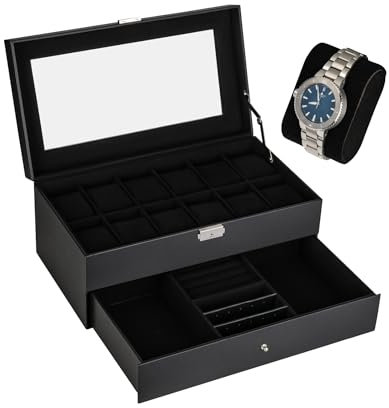 shelfmade Schmuckaufbewahrung - Uhrenbox 12 Uhren schwarz - Schmuckkästchen Watch Box - Schmuckkasten Damen & Herren Samt - Uhrenaufbewahrung mit Schloss (Schwarz)
