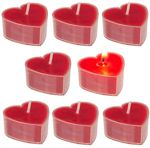 8er Set Teelicht in Herzform - ca. 4 x 4 cm - Wählbare Farben Rot oder Weiß - Romantische Beleuchtung für jeden Anlass (Rot)
