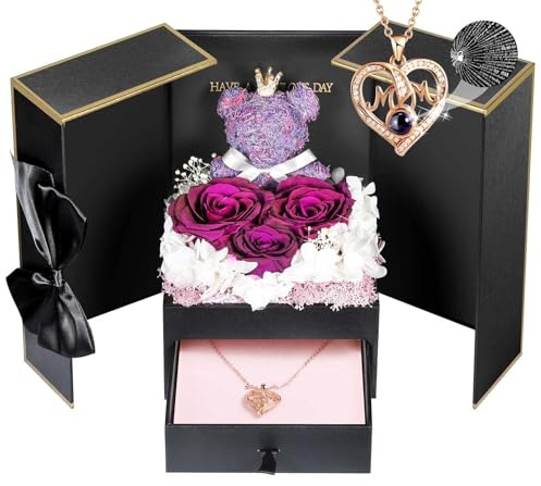 ADDWel Gifts for Mum Birthday Gifts Ideas, Preserved Eternal Rose Flowers with I Love You Mum Necklace, Mam Mum Mom Mother Birthday Gifts Presents from Daughter Son-Purple