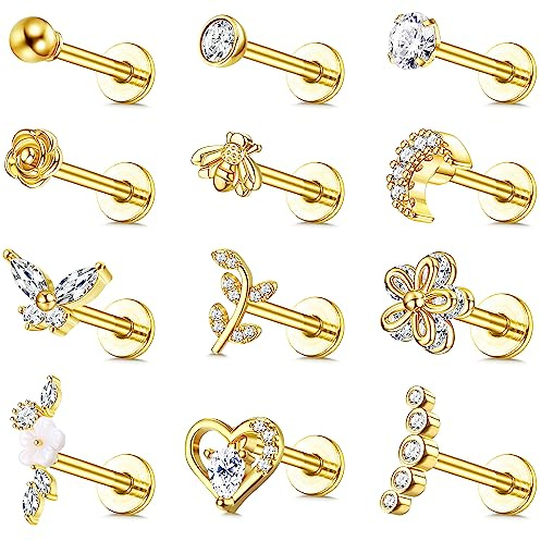 JeweBella 12-teiliges Tragus & Helix Piercing-Set für Damen - Chirurgenstahl mit Zirkonia Herz & Blume Conch Labret Nasen- & Ohrstecker - Silber/Gold