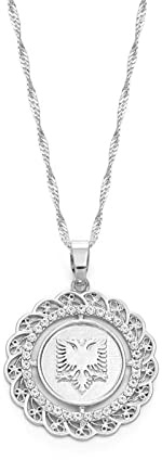 LODMLOER Carte du Collier Pendentif Albanais pour Hommes - Rond Albanie Aigle Pendentif Colliers Charmes Pièces Bijoux Rond Strass Ornements Traditionnels Albanais,Gris,60Cm