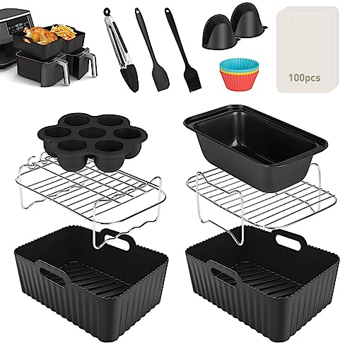 Lvelfe Air Fryer Accessories, Set of 12 for Ninja Dual AF300UK AF400UK Including Silicone Liner & Racks Cake Pan etc Compatible with Oven, Microwave