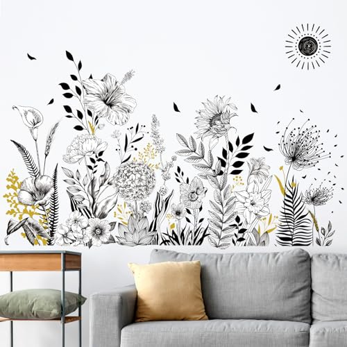 wondever Wandtattoo Garten Blumen Schwarz Weiß Wandaufkleber Sonnenblume Mohnblumen Schwarz Blumen Wandsticker Wanddeko für Wohnzimmer Schlafzimmer Sofa Hintergrund