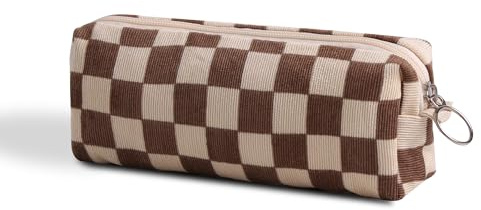 SURBEAV Pencil Case Pen Case Office College School Storage Bag Pouch Holder Box Organizer Makeup Pouch Cosmetic Bag Aesthetic Floral Flower Cute Pencil Case for Girls Boys Kids (Checkered Brown)
