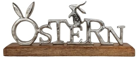 Schriftzug Ostern aus Alu und Holz mit Osterhase 33/14,5/5cm groß Osterdeko Aufsteller
