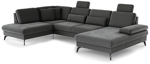 Cavadore Wohnlandschaft Moritz / Sofalandschaft mit Longchair im trendigen Design, Sitztiefenverstellung, Kopfstützen und mattschwarzen Metallfüßen / 212 x 82-107 x 335 / Mikrofaser, Grauoliv