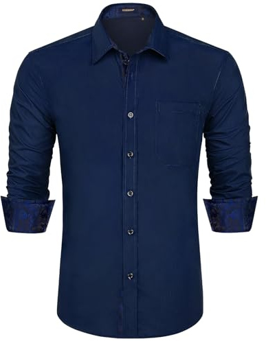 HISDERN Herrskjortor långärmad formella skjortor för män button-down-skjorta affärer vardaglig normal passform skjorta bröllopsfest arbete skjortor, M15-marinblå-5, XL
