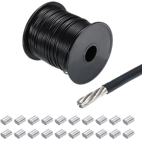 QUARKZMAN Drahtseil Edelstahl 70M x 2 mm Stahlseil PVC ummantelt mit 20 Aluminiumhülsen Sicherungsdraht Aufhängedraht Drahtkabel Wäscheleine für Bilder Outdoor Zaun Gardinen, Schwarz