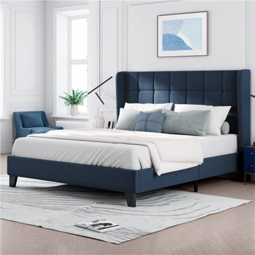 Gepolstertes Doppelbett Mit Kariertem Kopfteil, Lattenrost – Keine Boxspringbetten Erforderlich, Modernes Design Für Schlafzimmer Für Erwachsene Und Jugendliche(Size:140x200cm,Color:Blau)