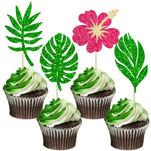 Ephlyn 24Pcs Tropical Cupcake Toppers Glitter Palm Tree Cake Topper Aloha Cupcake Picks Flower Cupcake Decorations for Luau Hawaiian Theme Baby Shower Birthday Party Supplies