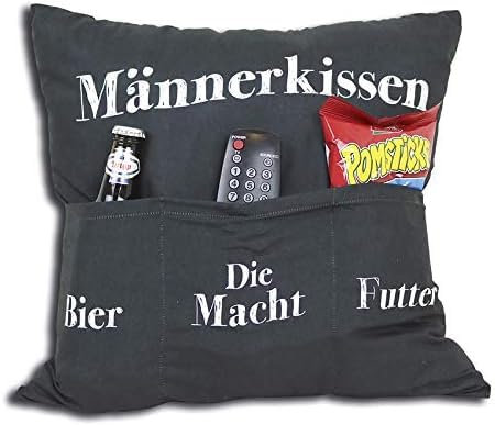 KAMACA Männerkissen Dekokissen mit weicher Füllung 43 x 43 cm Kuschelkissen mit 3 Taschen Geschenkidee für Männer Gamer Väter und Couchhelden für Vatertag Geburtstag Weihnachten (Männerkissen A)