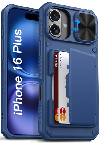 Vihibii for iPhone 16 Plus Wallet Case with Card Holder (4 Cards), Blue | [RFID Blocking] & Slide Camera Cover & Raised Edges Protect Screen, Shockproof Rugged Phone Case for iPhone 16 Plus 6.7 2024