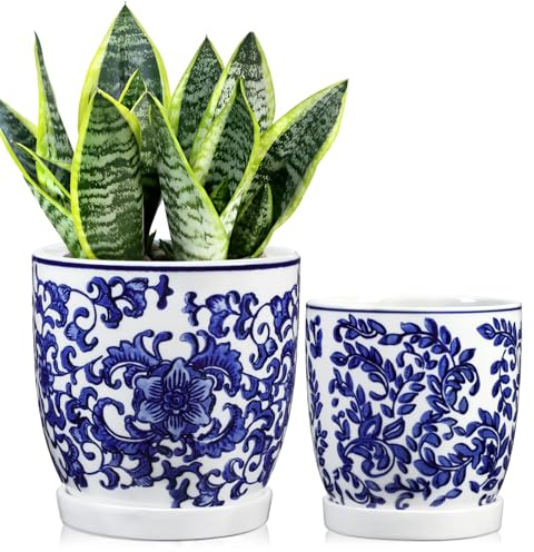 2er-Set Blau und Weiß Blumentopf Keramik Pflanztöpfe Sukkulentententöpfe mit Drainagelöchern und Untersetzern Kleiner Keramik-Pflanztopf für Sukkulenten Kaktus Indoor Outdoor Garten Fensterbank