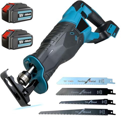 Säbelsäge Akku 32mm Hublänge mit 2 x 3,0Ah Akkus und Ladegerät, Ersatz für Makita DJR186ZK DJR186, Fuchsschwanz Säge Elektrisch Reciprosäge 3500spm, Säbelsäge mit 4 Sägeblätter