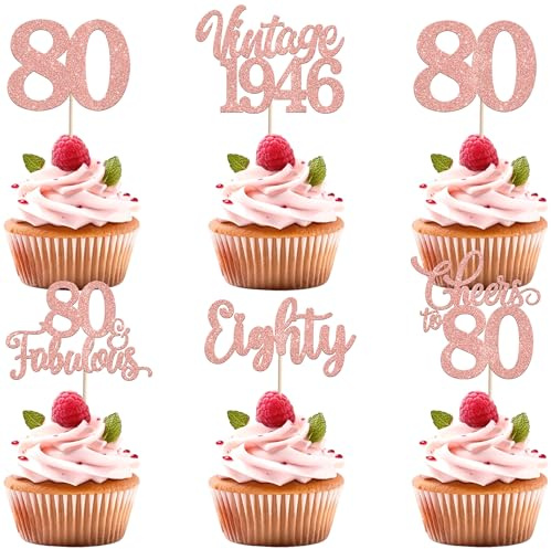 30 Pack Happy 80th Birthday Cupcake Toppers Glitter Hello 80 Eighty Vintage 1946 Cupcake Picks Cheers to 80 Party Decorations for 80th Birthday Anniversary Party Cake Decorations Rose Gold