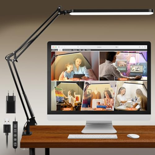 BIENSER Schreibtischlampe LED Klemmbar, Schwenkarm Architektenlampe, 38cm Große Büro Tischlampe mit 5 Farb X 11 Helligkeitsstufen, Augenschutz Klemmlampe, Memory-Funktion, Inklusive 5V/2A Netzstecker