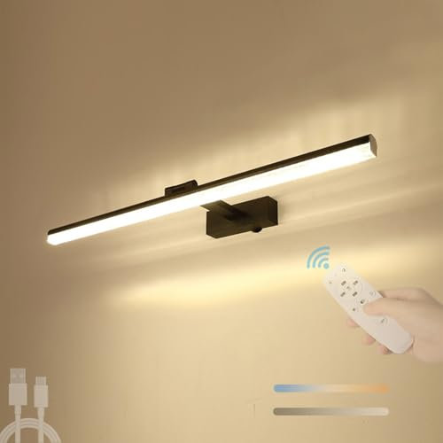 TZSMUM LED Spiegelleuchte Wandlampe mit Fernbedienung Dimmbar 2700K-6500K Wandleuchte Aufladbar USB Batteriebetriebene Wandbeleuchtung 180°Rotation für Schminklicht Badlampe (Schwarze,50cm)