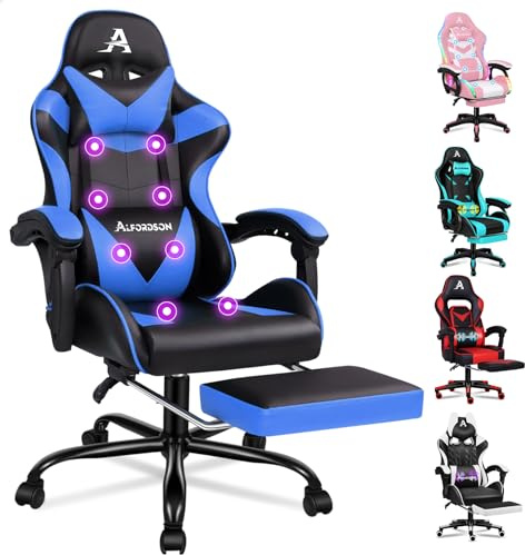 ALFORDSON Gaming-Stuhl Massage Gamer-Stühle, ergonomisch Bürostuhl Schreibtischstuhl, höhenverstellbarer PC-Stuhl, 180 kg, Einziehbare Fußstütze, Drehstuhl Neigungswinkel 150°, PU-Leder, Blau
