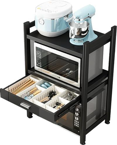 2 estantes de microondas de 3 niveles con cajón para ollas y sartenes, perfecto para olla arrocera y pequeños electrodomésticos, solución de ahorro de espacio