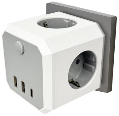 Regleta múltiple sin cable, regleta de 4 enchufes con 2 USB A y 1 USB C, 16 A, 4000 W, cubo sin cable, enchufe múltiple con interruptor, distribuidor de enchufes para oficina, casa, viajes