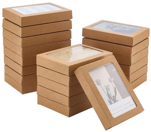 WADORN 50 Stück Grußkarten Aufbewahrungsbox, Kraftpapierbox Mit Transparentem PVC Fenster Papier Bäckereiboxen Großpackung Für Rahmen Fotoumschläge Kekse Postkarten Geschenkaufbewahrung 15x14x2.5cm
