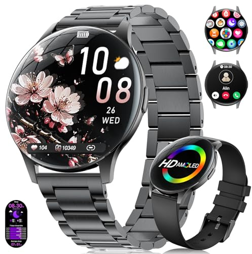 Smartwatch Damen 2026 mit Anrufen - 7,99 mm Ultra-Dünne Elegante Fitness Armbanduhr mit 1,43 Zoll HD Always-On Display, IP68 Wasserdicht, 100+ Sportmodi, Frauengesundheit für iOS Android, Schwarz
