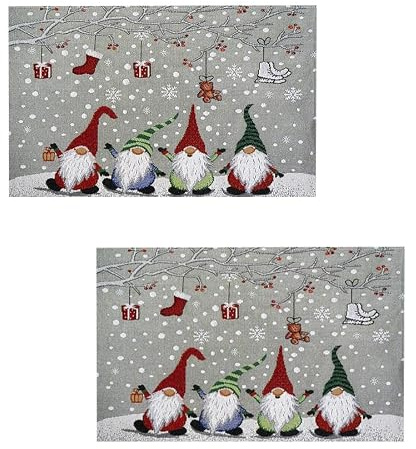 2 Stück Tischset Mitteldecke Platzdeckchen Gobelin Winter Weihnachten rechteckig 33 x 46 cm Motiv Wichtel mit Geschenkzweig Baumwollmischung