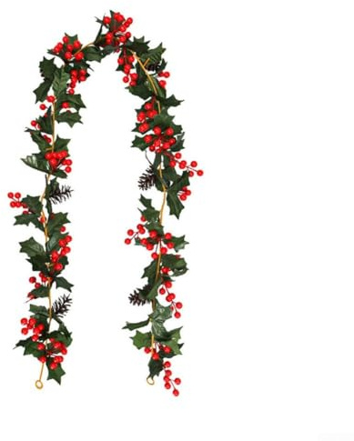 Künstliche Stechpalmen-Girlande mit grünen Blättern und roten Beeren, Kunststoff und Seide, festliche Dekoration für Haus, Garten, Hochzeit, Party, Event und Urlaub (Nr. 76)
