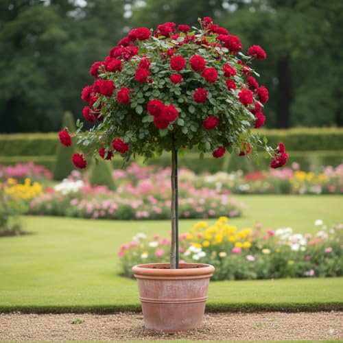Rosier sur tige - 120 cm de hauteur - Pour pots et pleine terre - Idéal pour Balcon, terrasse, Petit Jardin (Scarlet)