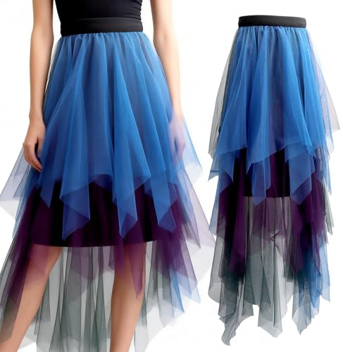 TMZELOA Falda Tul Mujer Larga Asimétrica Multicapa Ligera Degradado Violeta Verde Azul Talla M para Fiesta Carnaval Fotografía y Look Creativo