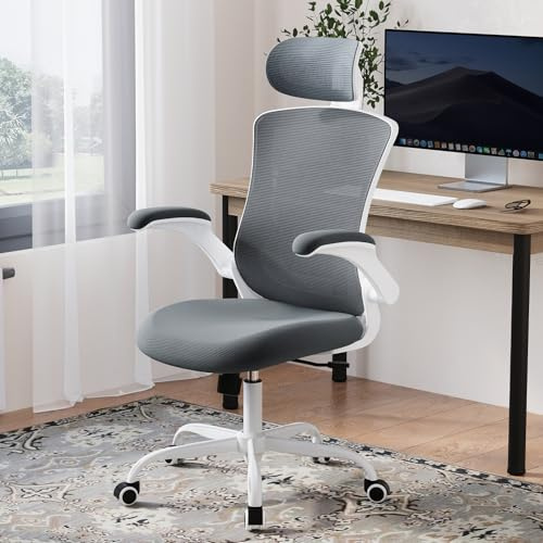 COLAMY Ergonomischer Mesh Bürostuhl mit Verstellbarer Kopfstütze und Lendenstütze, hochklappbare Armlehnen, 140° Wipp- und Rastenfunktion, Höhenverstellbarer Bürodrehstuhl, Grau