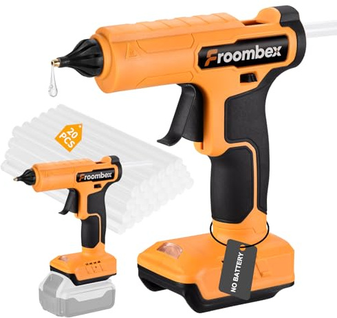 Froombex FROOMBEX Cordless Hot Glue Gun 100W Compatible with Dewalt 20V Max Battery, Full Size Electric Glue Gun with 20pcs Sticks for DIY, Arts, Crafts & Home Repair, Industry (No Battery)