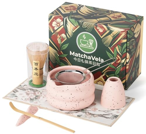 MatchaVela® Matcha Whisk Set - 7 Pcs | Complete Japanese Matcha Tea Making Kit | Ceramic Bowl, Whisk Holder & Scoop Stand, Bamboo Whisk & Scoop, Stainless Steel Sifter & Cotton Tea Cloth - Pink