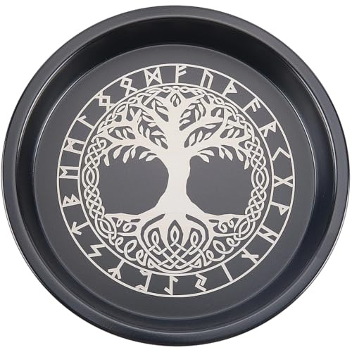 CREATCABIN Cuenco de Ofrendas Árbol de la Vida Plato Ritual de Altar Acero Inoxidable Cristal Negro Cuenco Plano Bandeja Redonda Plato de Oración Portavelas Plato de Joyería para Sahumerio 20x2.6cm