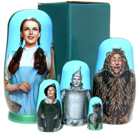 New Wizard Handmade Original and Authentic Large Collectible and Long Lasting 5 Piece Russian Style Nesting Doll with Dorothy, Lion Man, Toto, Tin Man and Scarecrow Stacking Doll 5.75 inches Tall