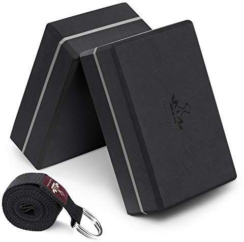 Heathyoga Yoga Blocks 2 Pack with Strap, High Density EVA Foam Yoga Block and Yoga Strap Set to Support and Improve Poses and Flexibility (Black)