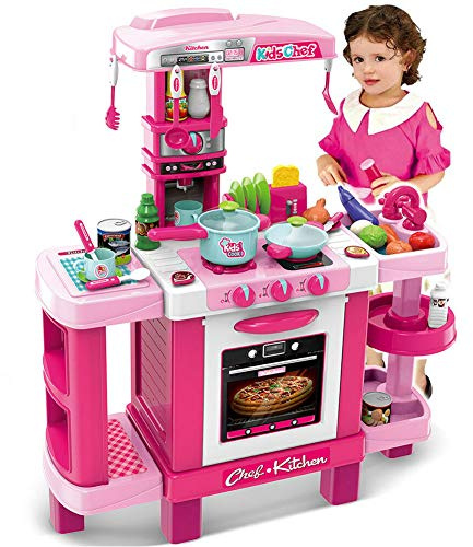 BAKAJI Kinderküche Spielzeug mit Herd Funktionierende Lichter Sounds Ofen und 34 Zubehörteile Spiel Größe 87 x 78 x 29 cm (Rosa)