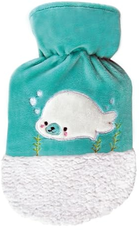 Sänger Kinder Wärmflasche Robbe 0,8L Bettflasche Wärmeflasche Wärmekissen Velour Türkis/Weiß