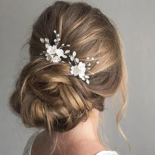 IYOU Braut Hochzeit Haarnadeln Silber Funkelnde Kristall Perle Haarspange Brautschmuck Blume Haarschmuck für Damen (2 Stück)