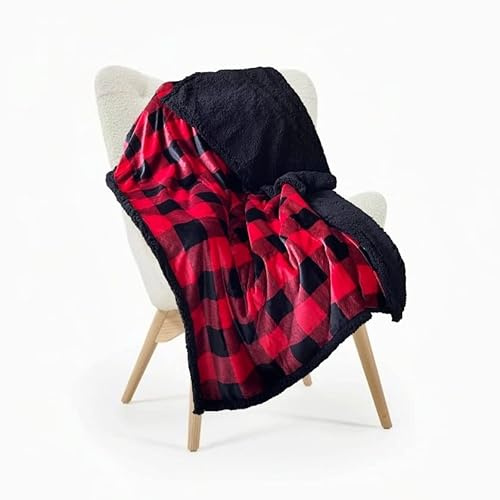 La Vida en Led Manta de Coralina de Cuadros 130x160 cm para Sofá, Microseda, Borreguito, Suave, Extra Confort (Rojo/Negro)