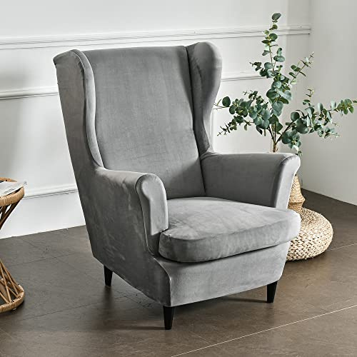 Highdi 2-Teilig Ohrensessel Bezug für Stradmon Stuhl, Stretch Luxus Samt Sesselüberwürfe, Elastisch Sesselhusse mit Armlehne für Ohrensessel, Relaxsessel, Fernsehsessel (Grau)