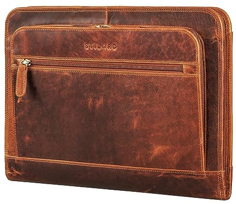STILORD 'Elton' Dokumententasche Leder Konferenzmappe A4 Schreibmappe 13,3 Zoll Aktenmappe Große Dokumentenmappe mit Reißverschluss Vintage Echtleder, Farbe:Kara - Cognac